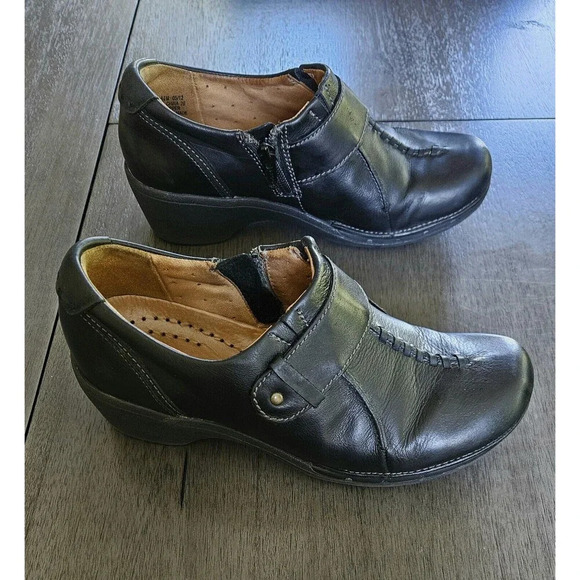 Clarks Unstructured Unsparrow Black Leather Shoes 6.5 Side Zip Comfort Clog - Picture 4 of 12